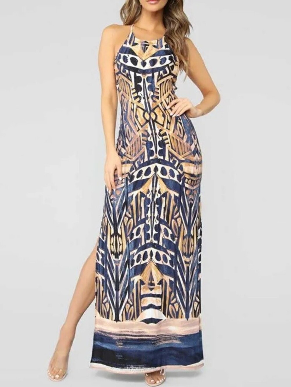 Navy and Tan Printed Strappy Maxi Dress Size Small